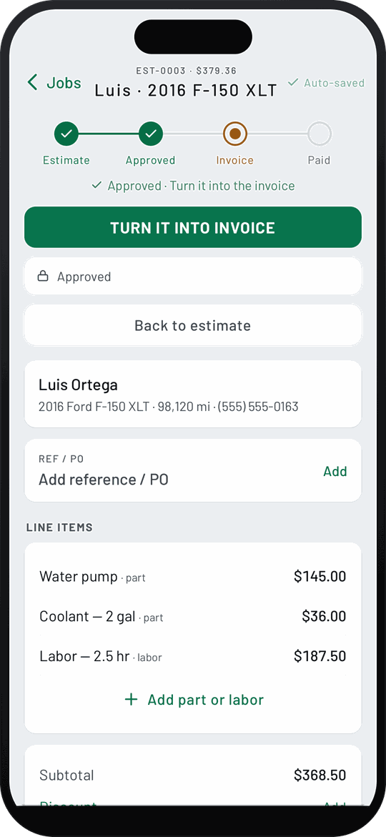 WrenchStrike approved estimate with the Estimate, Approved, Invoice, Paid tracker and a Turn it into invoice button