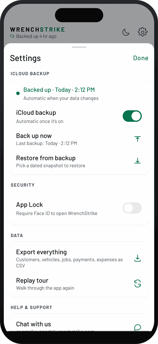 WrenchStrike iCloud backup settings showing backed up status, Back up now and Restore from backup