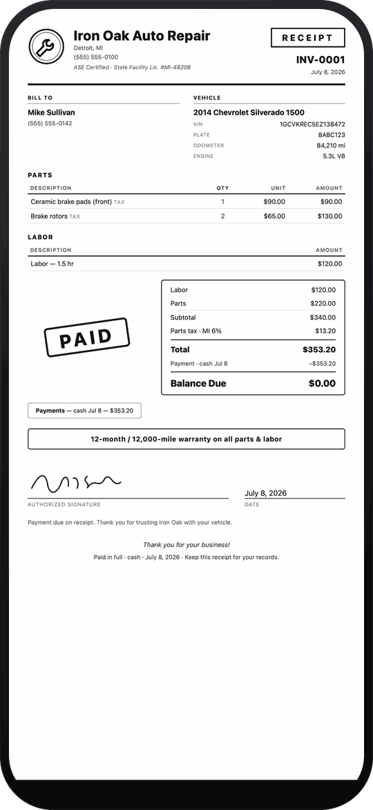 WrenchStrike receipt PDF with a shop logo, vehicle details, parts and labor lines, parts tax, a PAID stamp, a warranty line and the customer's signature with its date