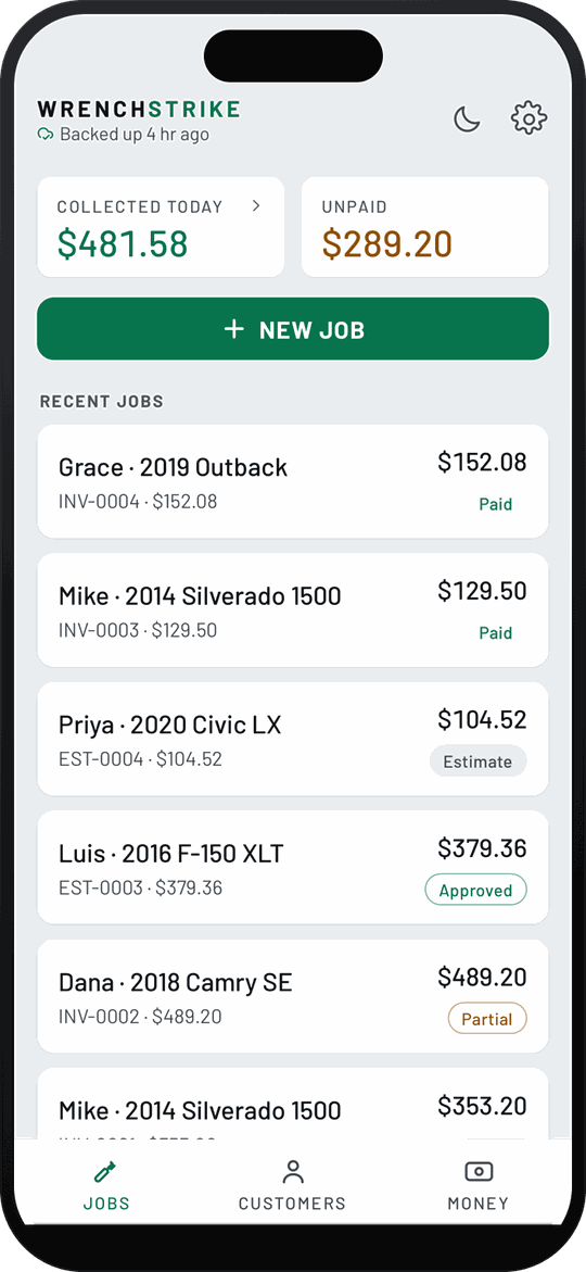WrenchStrike jobs list with collected today and unpaid totals, and Paid, Estimate, Approved and Partial pills