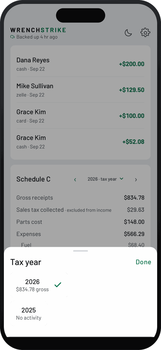 WrenchStrike Schedule C summary with gross receipts, sales tax collected, parts cost and expenses, and a tax year picker