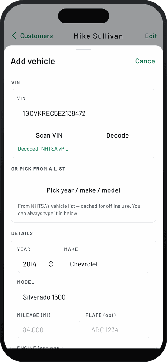 WrenchStrike Add vehicle screen with Scan VIN and Decode buttons, and year, make and model filled in from NHTSA