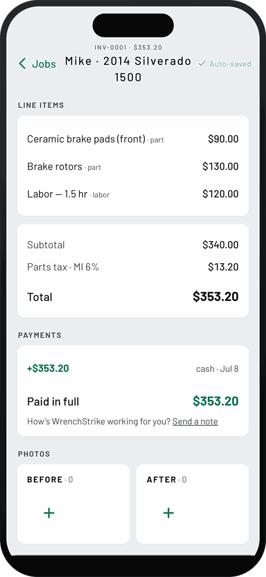 WrenchStrike paid invoice on iPhone showing parts, labor, the $353.20 total and the cash payment, paid in full