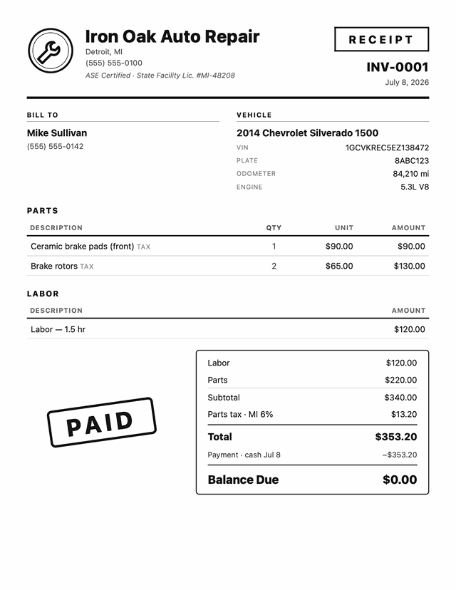 The PDF WrenchStrike sends once the job is paid: a receipt with the shop logo, vehicle details, parts and labor, and a PAID stamp