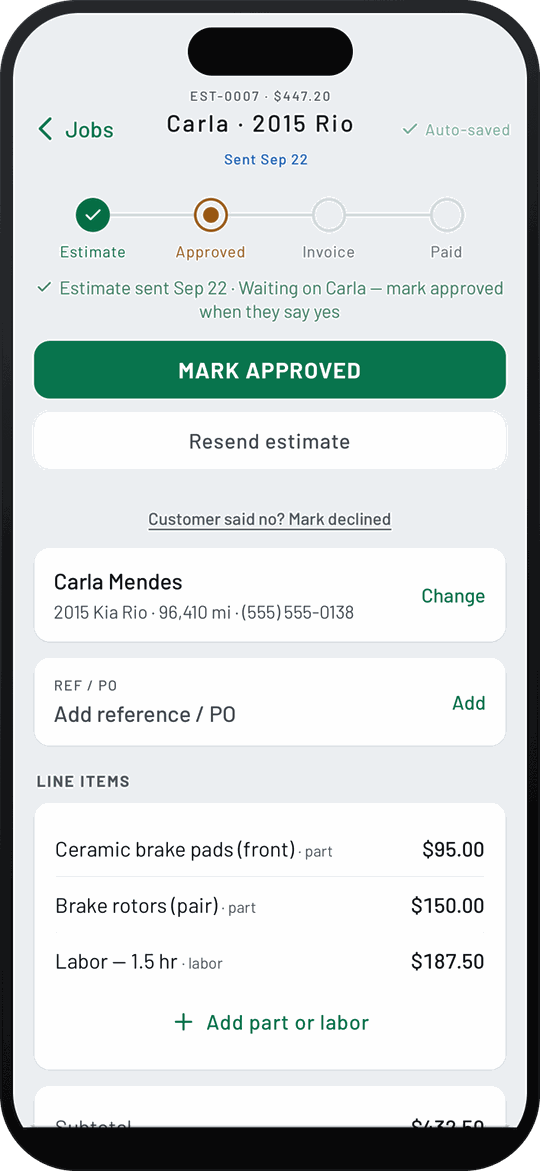WrenchStrike estimate EST-0007 for a 2015 Kia Rio, sent Sep 22: the tracker shows the estimate done and approval next, with the line "Estimate sent Sep 22 · Waiting on Carla — mark approved when they say yes", the Mark approved button, the customer card with mileage and phone, and front brake pads $95.00, rotors $150.00 and 1.5 hours of labor $187.50