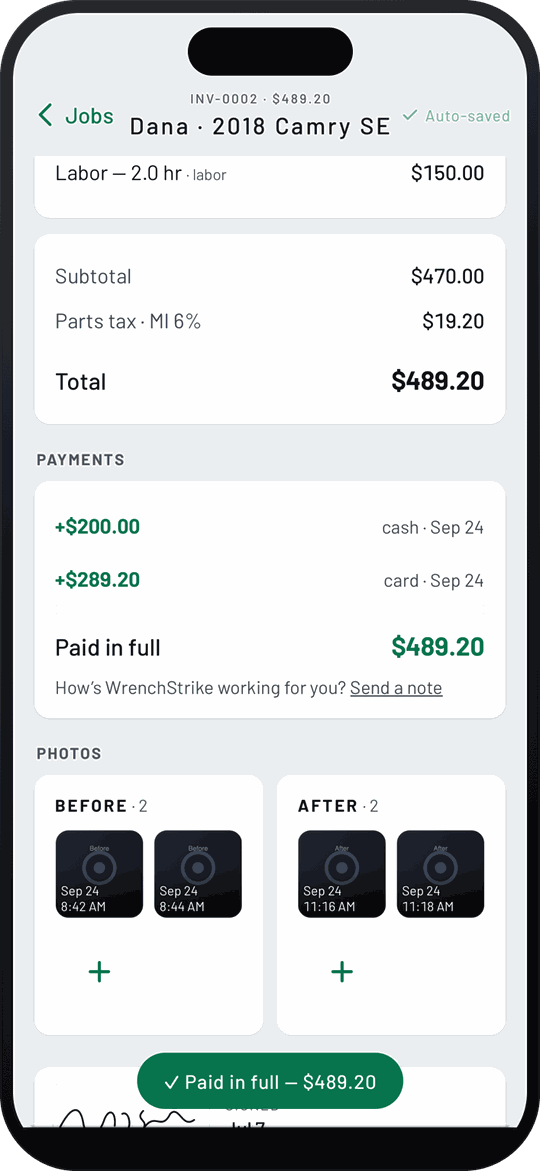 WrenchStrike invoice INV-0002 for $489.20 paid in full, $200.00 cash and $289.20 card, with the "Paid in full — $489.20" confirmation, and Before and After photo cards holding two time-stamped photos each