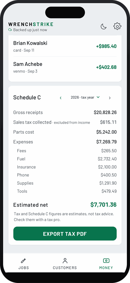 WrenchStrike Schedule C for the 2026 tax year: gross receipts $20,828.26, sales tax collected $615.11, parts cost $5,242.00, expenses $7,269.79, estimated net $7,701.36, with the note that the figures are estimates, not tax advice