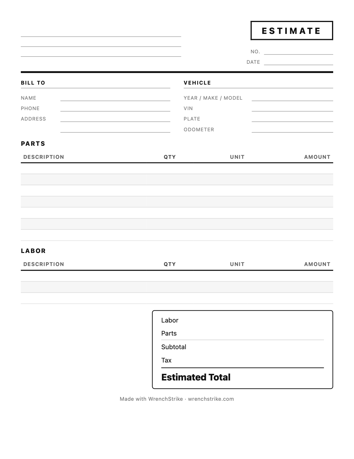 Blank printable mobile mechanic estimate template PDF from WrenchStrike, empty fields for shop, customer, vehicle, parts and labor
