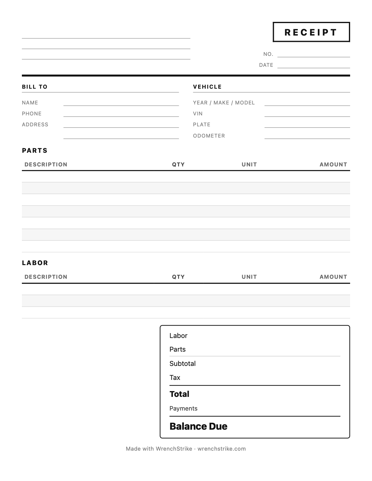 Blank printable mobile mechanic receipt template PDF from WrenchStrike, empty fields for shop, customer, vehicle, parts and labor